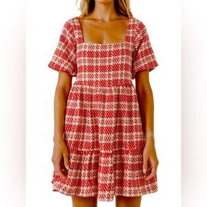 NWT English Factory Tuckernuck Red & White Tweed Puff Sleeve Tiered Dress L